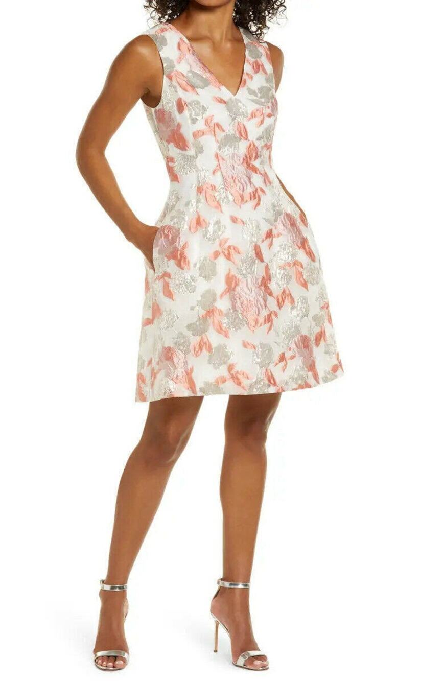 Mark + James Badgley Mischka Reo Brocade Floral V-Neck Cocktail Dress Size 12